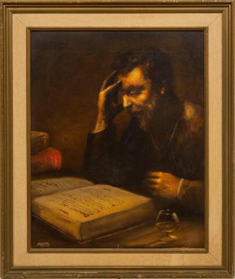 Denzil Herring oil painting Reading a Book South African signed 1977 scholar by candlelight 76x60cm